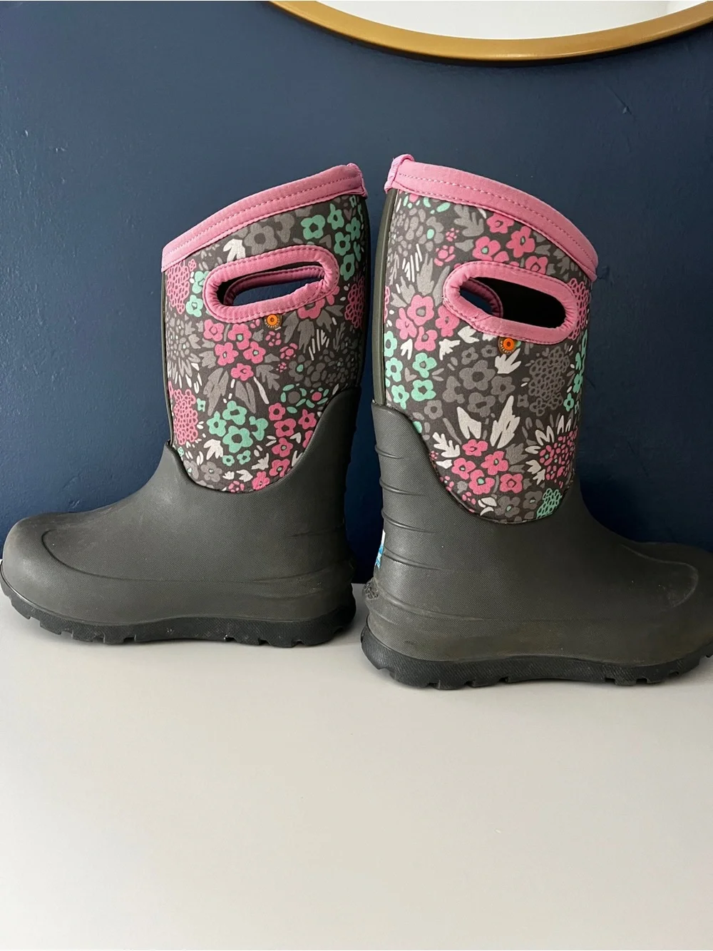 Bogs Kids Floral Waterproof Boots - Gray with Pink & Mint Accents